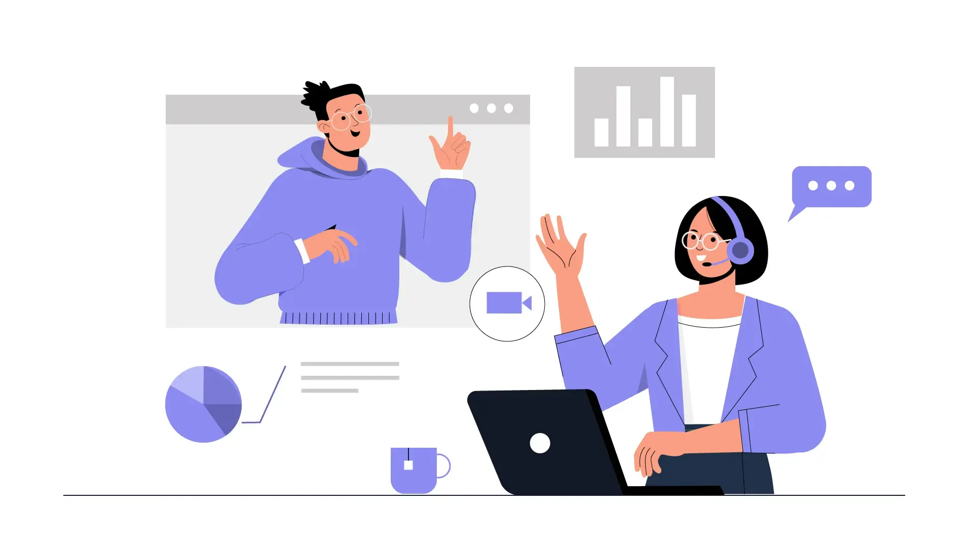 Man and Woman Collaborating for Business Strategy Through Video Call Flat 2D Illustration